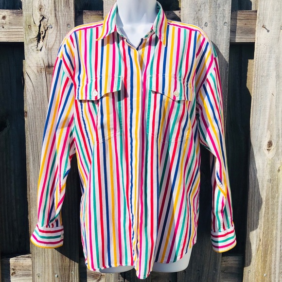 Liz Sport Rainbow Striped Button Down MEDIUM - Picture 5 of 11